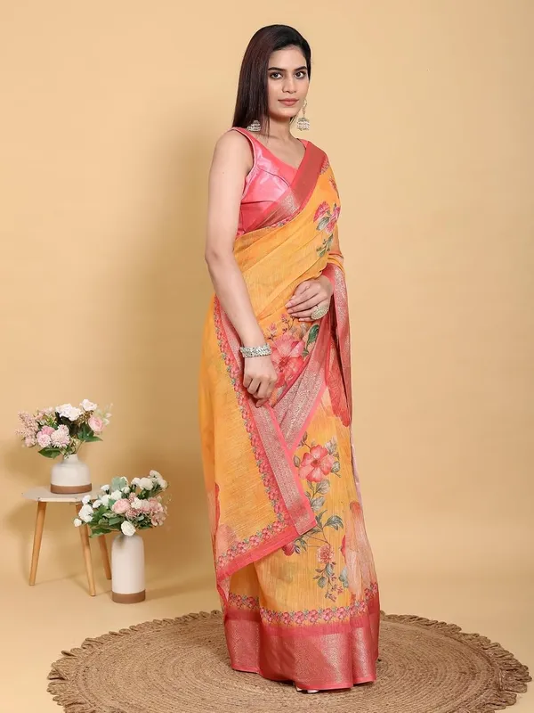 Women's_Linen_Cotton_Jacquard_Patta_Saree_with_Elegant_Weaving_Design_|_For_Traditional,_Festive_&_Wedding_|_Soft,_Breathable_&_Stylish_|_5.5m_Saree_+_0.8m_Blouse_Piece_(Yellow_&_Pink)