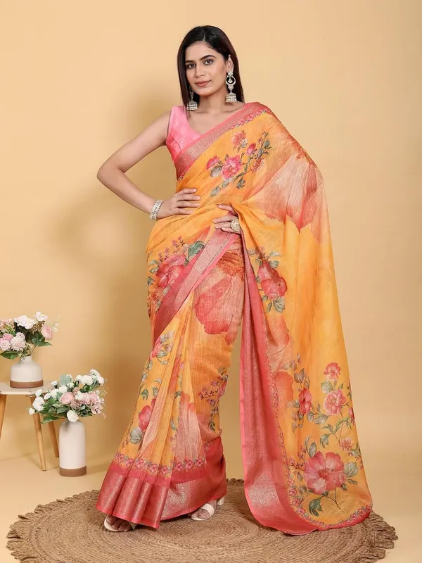 Women's_Linen_Cotton_Jacquard_Patta_Saree_with_Elegant_Weaving_Design_|_For_Traditional,_Festive_&_Wedding_|_Soft,_Breathable_&_Stylish_|_5.5m_Saree_+_0.8m_Blouse_Piece_(Yellow_&_Pink)