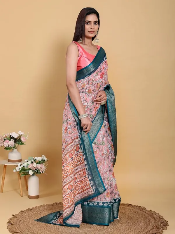 Women's_Linen_Cotton_Jacquard_Patta_Saree_with_Elegant_Weaving_Design_|_For_Traditional,_Festive_&_Wedding_|_Soft,_Breathable_&_Stylish_|_5.5m_Saree_+_0.8m_Blouse_Piece_(Pink_&_Teal)