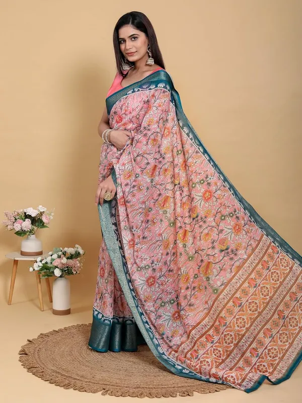 Women's_Linen_Cotton_Jacquard_Patta_Saree_with_Elegant_Weaving_Design_|_For_Traditional,_Festive_&_Wedding_|_Soft,_Breathable_&_Stylish_|_5.5m_Saree_+_0.8m_Blouse_Piece_(Pink_&_Teal)