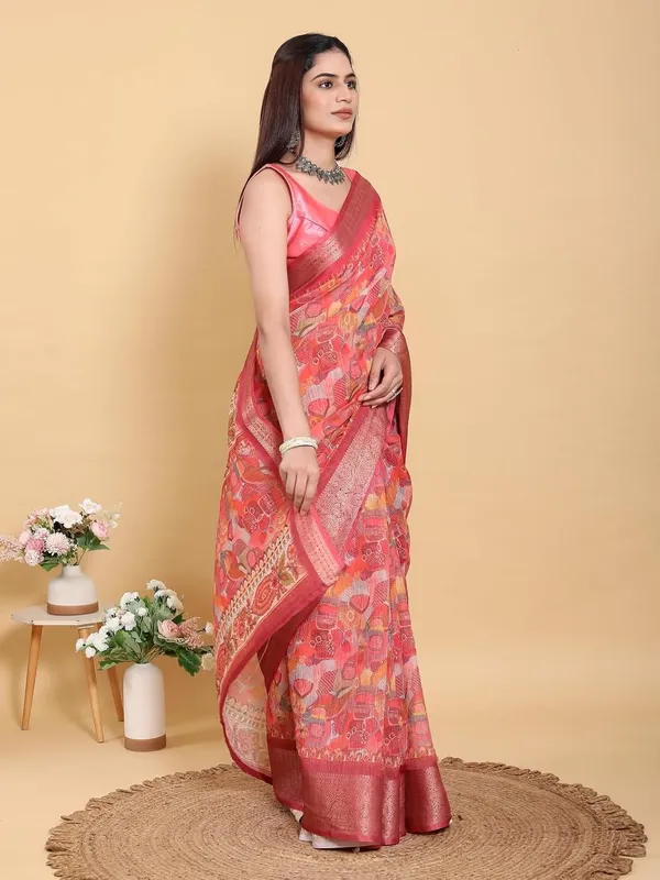 Women's_Linen_Cotton_Jacquard_Patta_Saree_with_Elegant_Weaving_Design_|_For_Traditional,_Festive_&_Wedding_|_Soft,_Breathable_&_Stylish_|_5.5m_Saree_+_0.8m_Blouse_Piece_(Coral_&_Red)