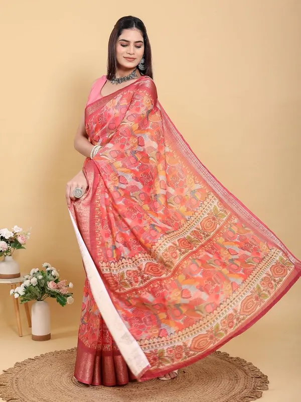 Women's_Linen_Cotton_Jacquard_Patta_Saree_with_Elegant_Weaving_Design_|_For_Traditional,_Festive_&_Wedding_|_Soft,_Breathable_&_Stylish_|_5.5m_Saree_+_0.8m_Blouse_Piece_(Coral_&_Red)