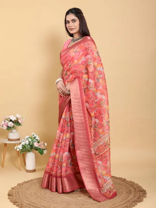 Women's_Linen_Cotton_Jacquard_Patta_Saree_with_Elegant_Weaving_Design_|_For_Traditional,_Festive_&_Wedding_|_Soft,_Breathable_&_Stylish_|_5.5m_Saree_+_0.8m_Blouse_Piece_(Coral_&_Red)