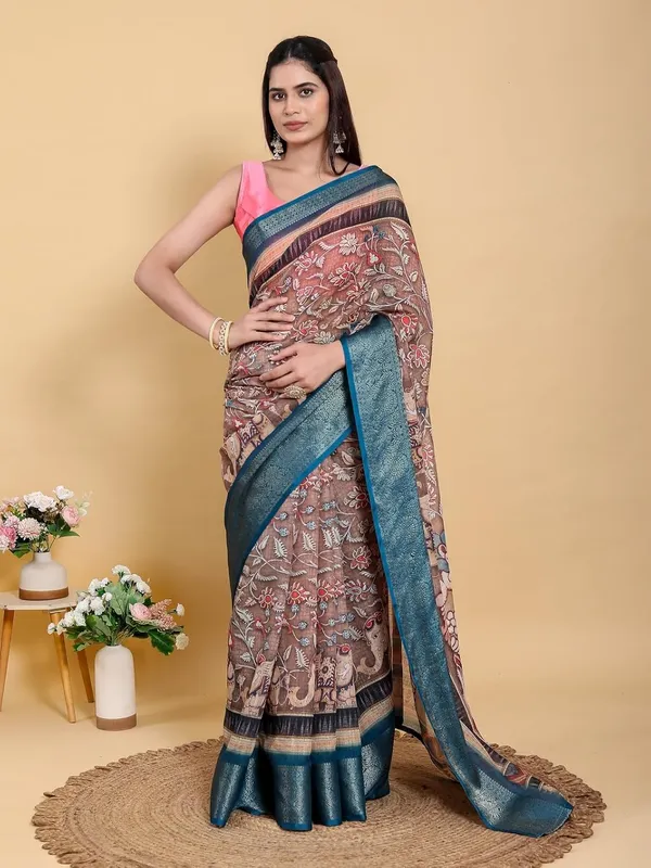 Women's_Linen_Cotton_Jacquard_Patta_Saree_with_Elegant_Weaving_Design_|_For_Traditional,_Festive_&_Wedding_|_Soft,_Breathable_&_Stylish_|_5.5m_Saree_+_0.8m_Blouse_Piece_(Brown_&_Teal)