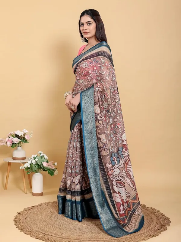Women's_Linen_Cotton_Jacquard_Patta_Saree_with_Elegant_Weaving_Design_|_For_Traditional,_Festive_&_Wedding_|_Soft,_Breathable_&_Stylish_|_5.5m_Saree_+_0.8m_Blouse_Piece_(Brown_&_Teal)
