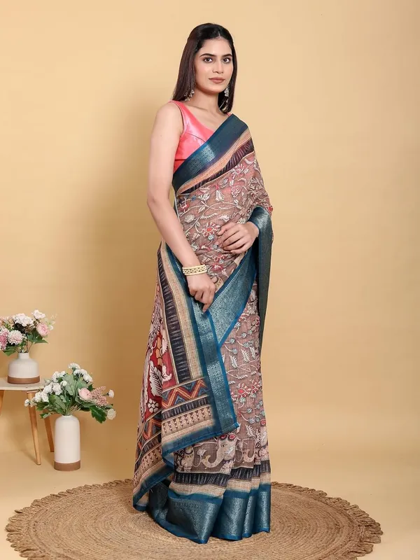 Women's_Linen_Cotton_Jacquard_Patta_Saree_with_Elegant_Weaving_Design_|_For_Traditional,_Festive_&_Wedding_|_Soft,_Breathable_&_Stylish_|_5.5m_Saree_+_0.8m_Blouse_Piece_(Brown_&_Teal)