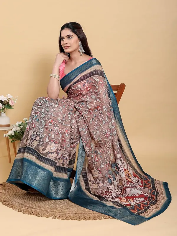 Women's_Linen_Cotton_Jacquard_Patta_Saree_with_Elegant_Weaving_Design_|_For_Traditional,_Festive_&_Wedding_|_Soft,_Breathable_&_Stylish_|_5.5m_Saree_+_0.8m_Blouse_Piece_(Brown_&_Teal)