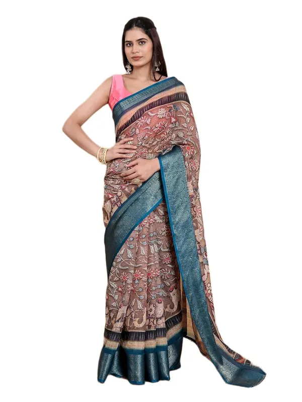 Women's_Linen_Cotton_Jacquard_Patta_Saree_with_Elegant_Weaving_Design_|_For_Traditional,_Festive_&_Wedding_|_Soft,_Breathable_&_Stylish_|_5.5m_Saree_+_0.8m_Blouse_Piece_(Brown_&_Teal)