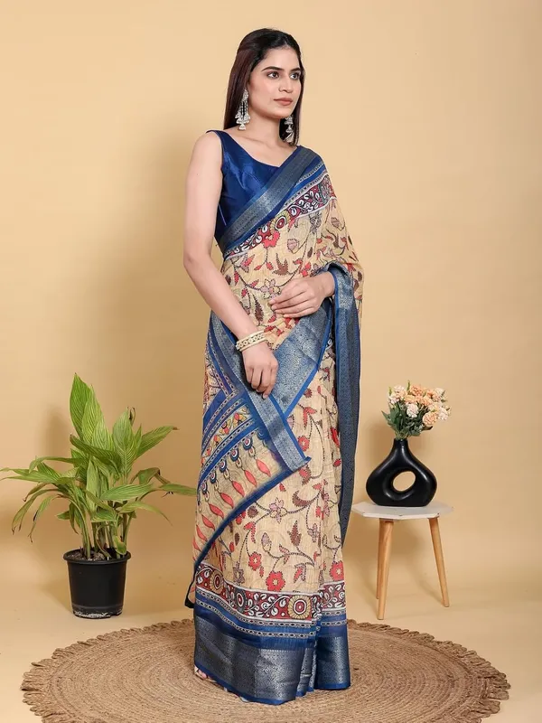 Women's_Linen_Cotton_Jacquard_Patta_Saree_with_Elegant_Weaving_Design_|_For_Traditional,_Festive_&_Wedding_|_Soft,_Breathable_&_Stylish_|_5.5m_Saree_+_0.8m_Blouse_Piece_(Beige_&_Blue)