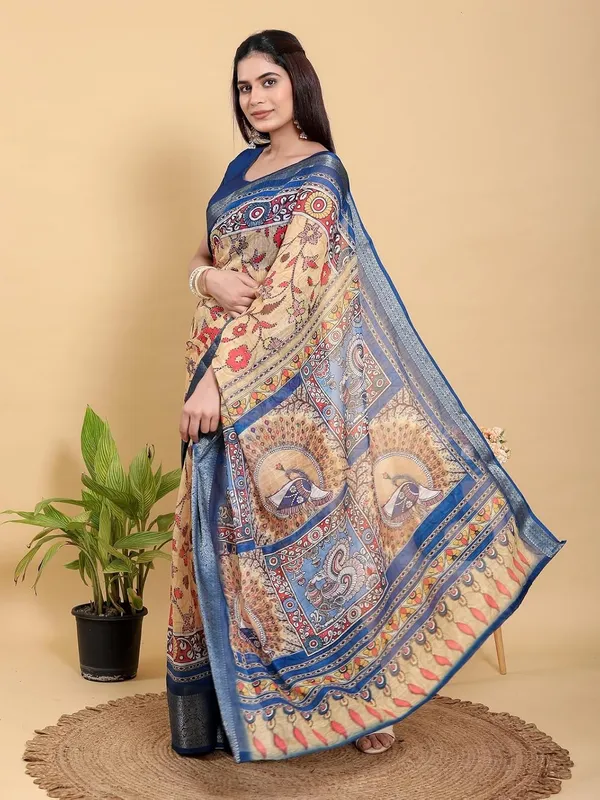 Women's_Linen_Cotton_Jacquard_Patta_Saree_with_Elegant_Weaving_Design_|_For_Traditional,_Festive_&_Wedding_|_Soft,_Breathable_&_Stylish_|_5.5m_Saree_+_0.8m_Blouse_Piece_(Beige_&_Blue)