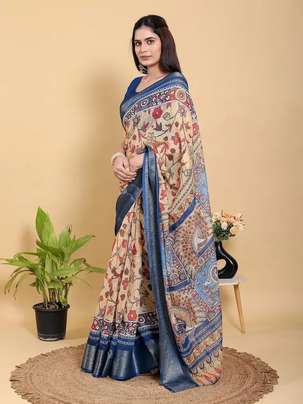 Women's_Linen_Cotton_Jacquard_Patta_Saree_with_Elegant_Weaving_Design_|_For_Traditional,_Festive_&_Wedding_|_Soft,_Breathable_&_Stylish_|_5.5m_Saree_+_0.8m_Blouse_Piece_(Beige_&_Blue)