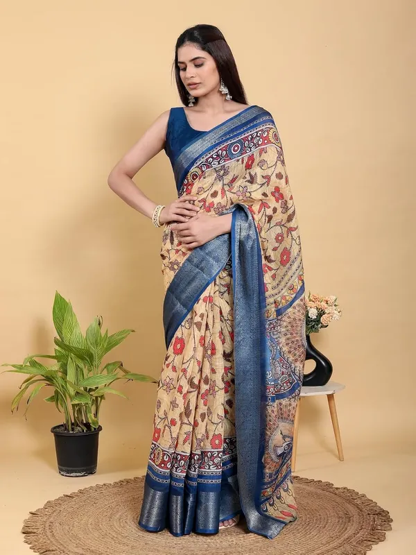 Women's_Linen_Cotton_Jacquard_Patta_Saree_with_Elegant_Weaving_Design_|_For_Traditional,_Festive_&_Wedding_|_Soft,_Breathable_&_Stylish_|_5.5m_Saree_+_0.8m_Blouse_Piece_(Beige_&_Blue)