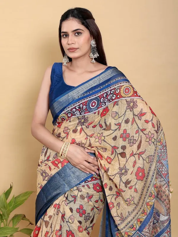 Women's_Linen_Cotton_Jacquard_Patta_Saree_with_Elegant_Weaving_Design_|_For_Traditional,_Festive_&_Wedding_|_Soft,_Breathable_&_Stylish_|_5.5m_Saree_+_0.8m_Blouse_Piece_(Beige_&_Blue)