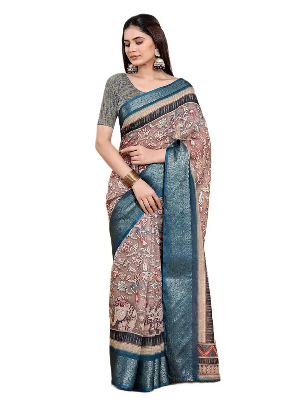 Women's_Linen_Cotton_Jacquard_Patta_Saree_with_Elegant_Weaving_Design_|_For_Traditional,_Festive_&_Wedding_|_Soft,_Breathable_&_Stylish_|_5.5m_Saree_+_0.8m_Blouse_Piece_(Brown_&_Teal_Blue)