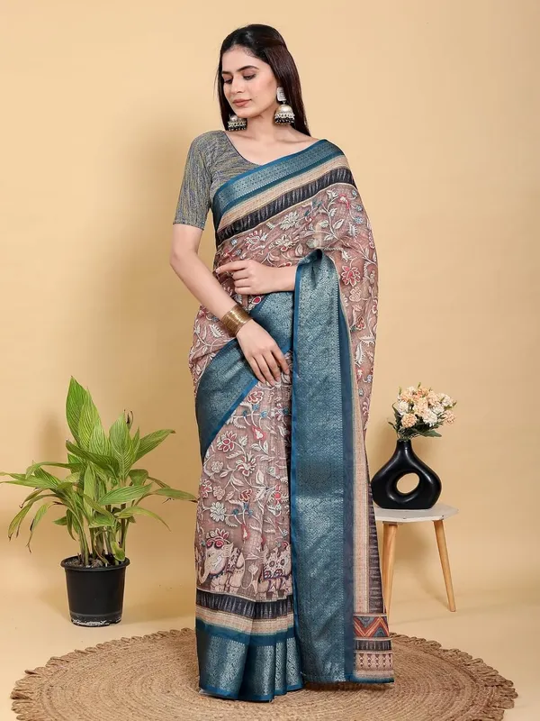 Women's_Linen_Cotton_Jacquard_Patta_Saree_with_Elegant_Weaving_Design_|_For_Traditional,_Festive_&_Wedding_|_Soft,_Breathable_&_Stylish_|_5.5m_Saree_+_0.8m_Blouse_Piece_(Brown_&_Teal_Blue)