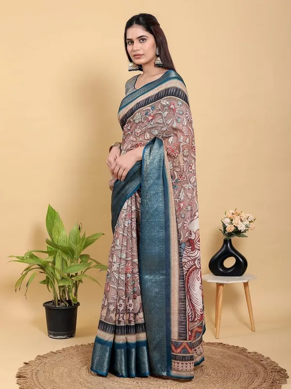 Women's_Linen_Cotton_Jacquard_Patta_Saree_with_Elegant_Weaving_Design_|_For_Traditional,_Festive_&_Wedding_|_Soft,_Breathable_&_Stylish_|_5.5m_Saree_+_0.8m_Blouse_Piece_(Brown_&_Teal_Blue)