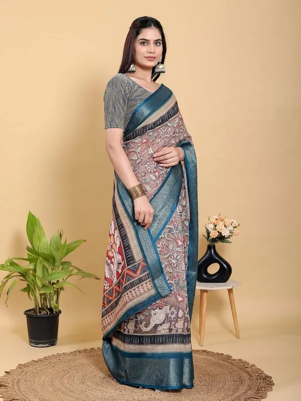 Women's_Linen_Cotton_Jacquard_Patta_Saree_with_Elegant_Weaving_Design_|_For_Traditional,_Festive_&_Wedding_|_Soft,_Breathable_&_Stylish_|_5.5m_Saree_+_0.8m_Blouse_Piece_(Brown_&_Teal_Blue)