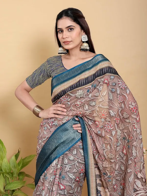 Women's_Linen_Cotton_Jacquard_Patta_Saree_with_Elegant_Weaving_Design_|_For_Traditional,_Festive_&_Wedding_|_Soft,_Breathable_&_Stylish_|_5.5m_Saree_+_0.8m_Blouse_Piece_(Brown_&_Teal_Blue)