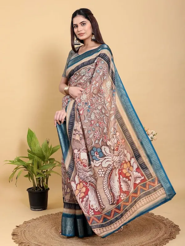 Women's_Linen_Cotton_Jacquard_Patta_Saree_with_Elegant_Weaving_Design_|_For_Traditional,_Festive_&_Wedding_|_Soft,_Breathable_&_Stylish_|_5.5m_Saree_+_0.8m_Blouse_Piece_(Brown_&_Teal_Blue)