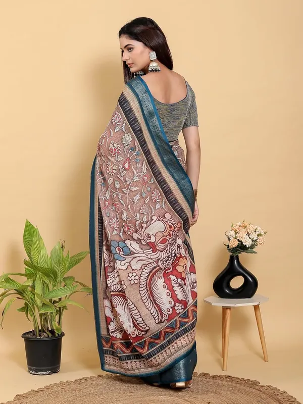 Women's_Linen_Cotton_Jacquard_Patta_Saree_with_Elegant_Weaving_Design_|_For_Traditional,_Festive_&_Wedding_|_Soft,_Breathable_&_Stylish_|_5.5m_Saree_+_0.8m_Blouse_Piece_(Brown_&_Teal_Blue)