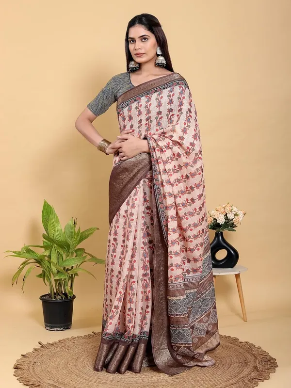 Women's_Linen_Cotton_Jacquard_Patta_Saree_with_Elegant_Weaving_Design_|_For_Traditional,_Festive_&_Wedding_|_Soft,_Breathable_&_Stylish_|_5.5m_Saree_+_0.8m_Blouse_Piece_(Beige_&_Brown)