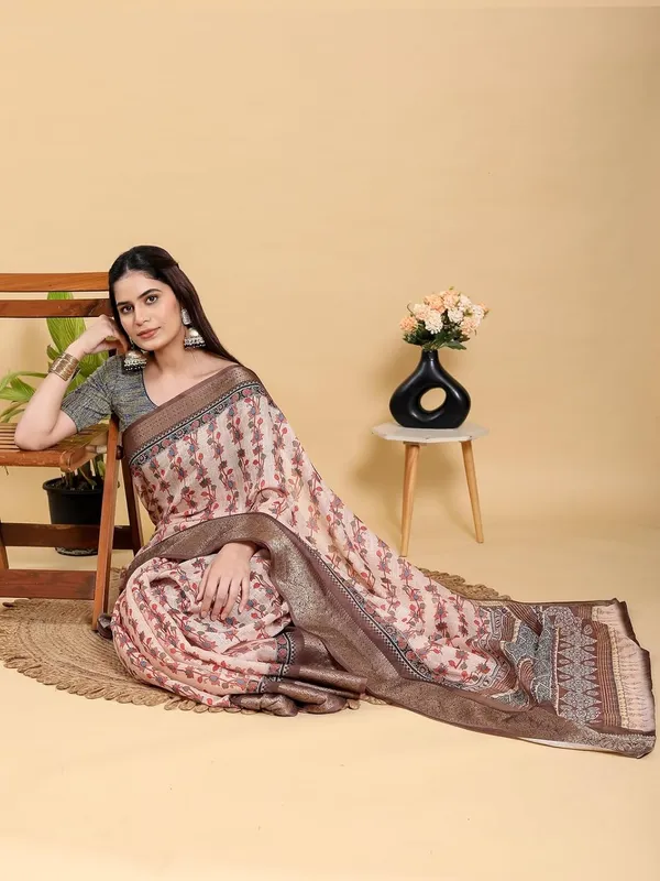 Women's_Linen_Cotton_Jacquard_Patta_Saree_with_Elegant_Weaving_Design_|_For_Traditional,_Festive_&_Wedding_|_Soft,_Breathable_&_Stylish_|_5.5m_Saree_+_0.8m_Blouse_Piece_(Beige_&_Brown)