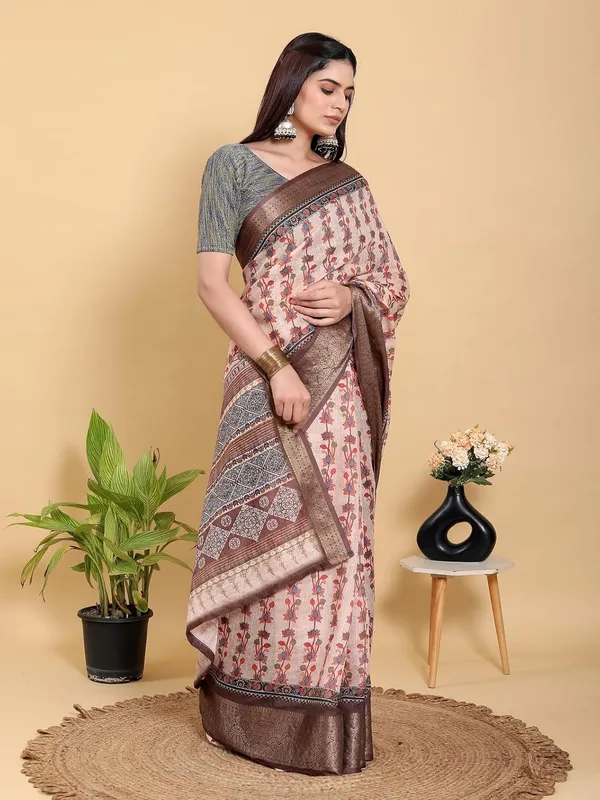 Women's_Linen_Cotton_Jacquard_Patta_Saree_with_Elegant_Weaving_Design_|_For_Traditional,_Festive_&_Wedding_|_Soft,_Breathable_&_Stylish_|_5.5m_Saree_+_0.8m_Blouse_Piece_(Beige_&_Brown)