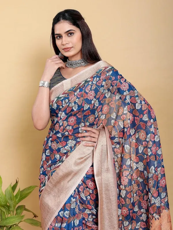Women's_Linen_Cotton_Jacquard_Patta_Saree_with_Elegant_Weaving_Design_|_For_Traditional,_Festive_&_Wedding_|_Soft,_Breathable_&_Stylish_|_5.5m_Saree_+_0.8m_Blouse_Piece_(Navy_&_Copper)