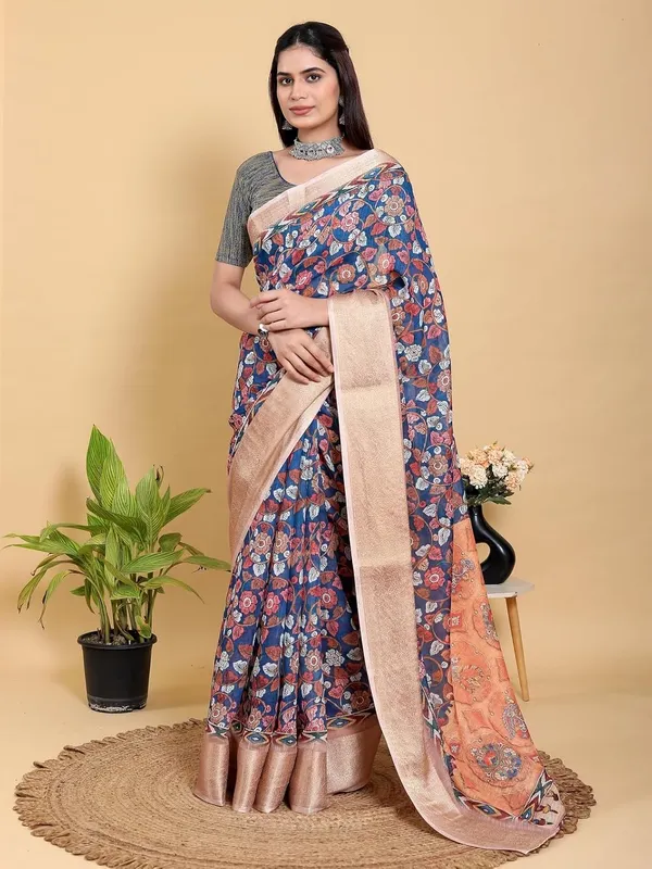 Women's_Linen_Cotton_Jacquard_Patta_Saree_with_Elegant_Weaving_Design_|_For_Traditional,_Festive_&_Wedding_|_Soft,_Breathable_&_Stylish_|_5.5m_Saree_+_0.8m_Blouse_Piece_(Navy_&_Copper)