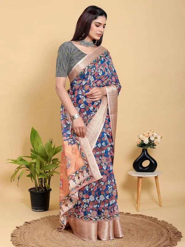 Women's_Linen_Cotton_Jacquard_Patta_Saree_with_Elegant_Weaving_Design_|_For_Traditional,_Festive_&_Wedding_|_Soft,_Breathable_&_Stylish_|_5.5m_Saree_+_0.8m_Blouse_Piece_(Navy_&_Copper)