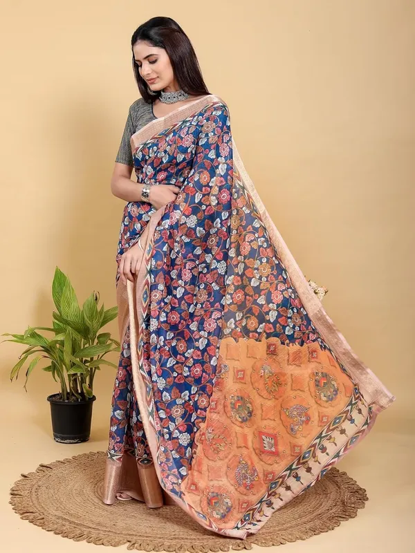 Women's_Linen_Cotton_Jacquard_Patta_Saree_with_Elegant_Weaving_Design_|_For_Traditional,_Festive_&_Wedding_|_Soft,_Breathable_&_Stylish_|_5.5m_Saree_+_0.8m_Blouse_Piece_(Navy_&_Copper)