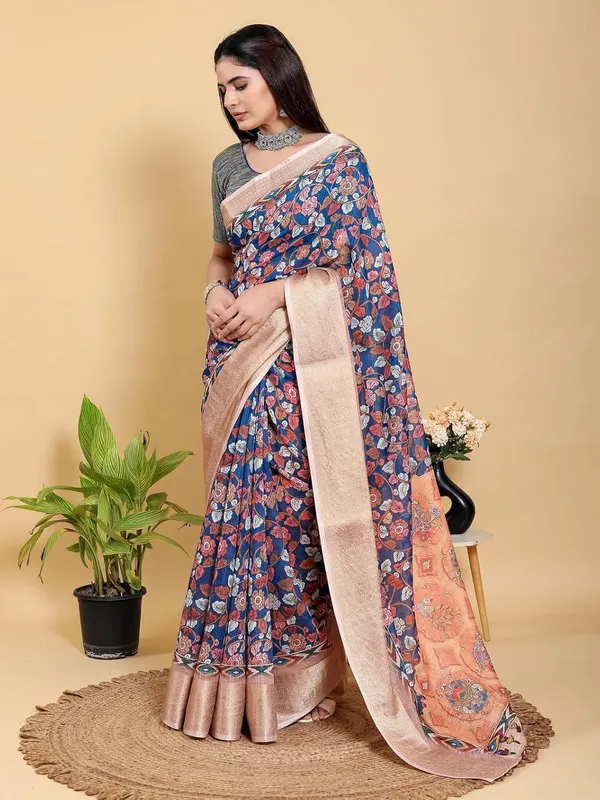 Women's_Linen_Cotton_Jacquard_Patta_Saree_with_Elegant_Weaving_Design_|_For_Traditional,_Festive_&_Wedding_|_Soft,_Breathable_&_Stylish_|_5.5m_Saree_+_0.8m_Blouse_Piece_(Navy_&_Copper)