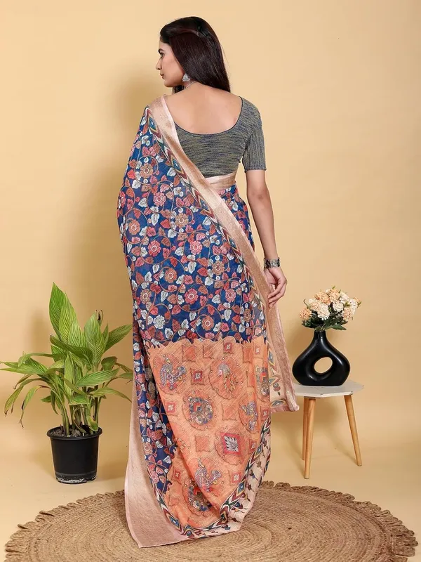 Women's_Linen_Cotton_Jacquard_Patta_Saree_with_Elegant_Weaving_Design_|_For_Traditional,_Festive_&_Wedding_|_Soft,_Breathable_&_Stylish_|_5.5m_Saree_+_0.8m_Blouse_Piece_(Navy_&_Copper)