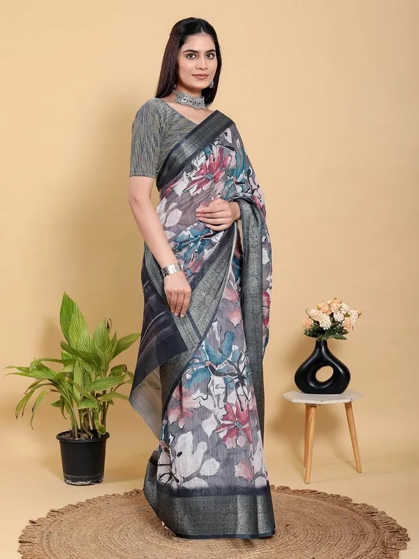 Women's_Linen_Cotton_Jacquard_Patta_Saree_with_Elegant_Weaving_Design_|_For_Traditional,_Festive_&_Wedding_|_Soft,_Breathable_&_Stylish_|_5.5m_Saree_+_0.8m_Blouse_Piece_(Grey_&_Black)