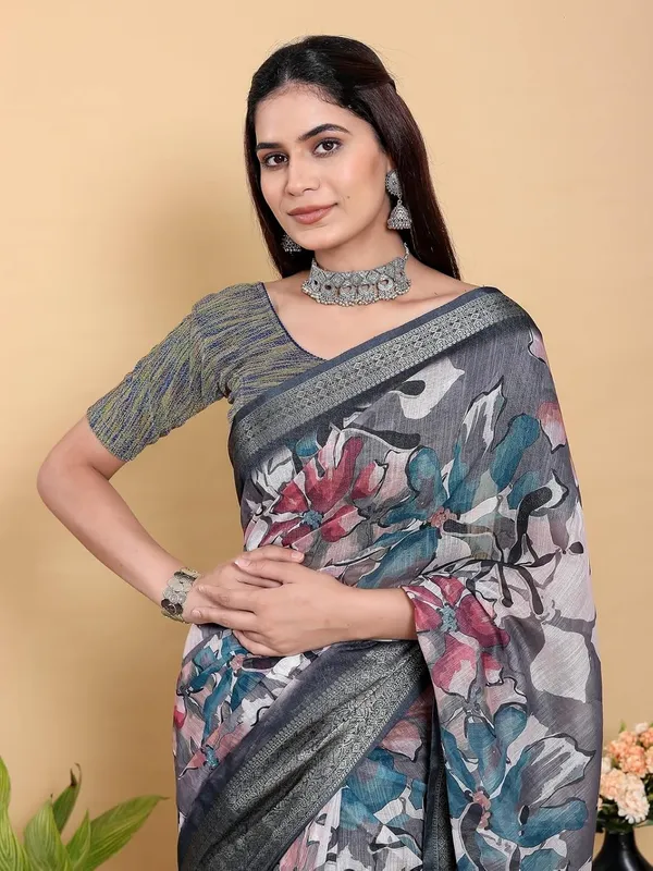 Women's_Linen_Cotton_Jacquard_Patta_Saree_with_Elegant_Weaving_Design_|_For_Traditional,_Festive_&_Wedding_|_Soft,_Breathable_&_Stylish_|_5.5m_Saree_+_0.8m_Blouse_Piece_(Grey_&_Black)