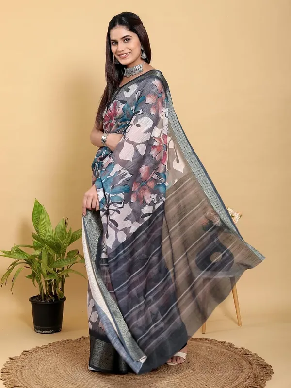 Women's_Linen_Cotton_Jacquard_Patta_Saree_with_Elegant_Weaving_Design_|_For_Traditional,_Festive_&_Wedding_|_Soft,_Breathable_&_Stylish_|_5.5m_Saree_+_0.8m_Blouse_Piece_(Grey_&_Black)