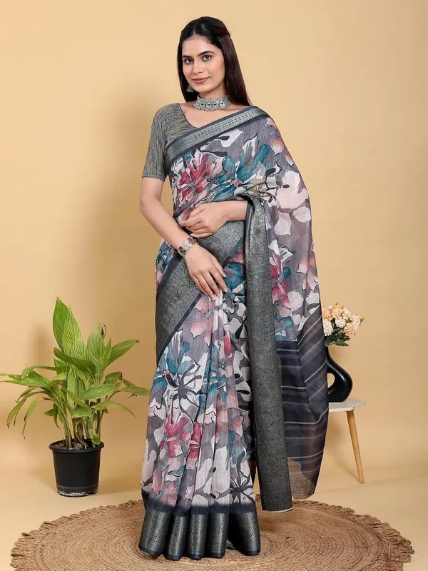 Women's_Linen_Cotton_Jacquard_Patta_Saree_with_Elegant_Weaving_Design_|_For_Traditional,_Festive_&_Wedding_|_Soft,_Breathable_&_Stylish_|_5.5m_Saree_+_0.8m_Blouse_Piece_(Grey_&_Black)