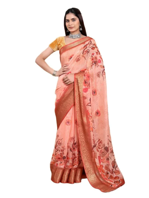 Women's_Linen_Cotton_Jacquard_Patta_Saree_with_Elegant_Weaving_Design_|_For_Traditional,_Festive_&_Wedding_|_Soft,_Breathable_&_Stylish_|_5.5m_Saree_+_0.8m_Blouse_Piece_(Peach_&_Gold)