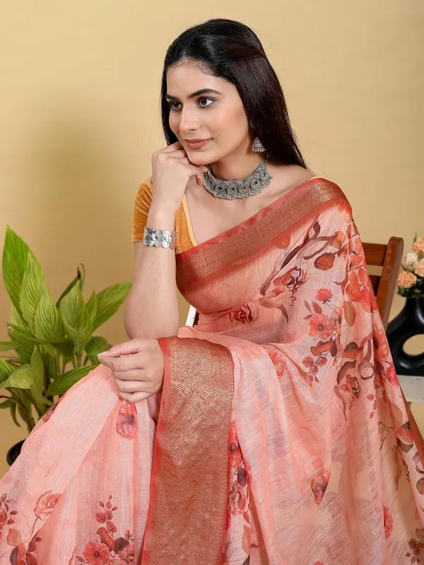 Women's_Linen_Cotton_Jacquard_Patta_Saree_with_Elegant_Weaving_Design_|_For_Traditional,_Festive_&_Wedding_|_Soft,_Breathable_&_Stylish_|_5.5m_Saree_+_0.8m_Blouse_Piece_(Peach_&_Gold)