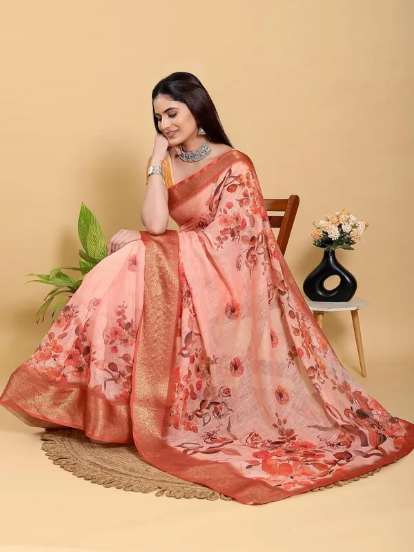 Women's_Linen_Cotton_Jacquard_Patta_Saree_with_Elegant_Weaving_Design_|_For_Traditional,_Festive_&_Wedding_|_Soft,_Breathable_&_Stylish_|_5.5m_Saree_+_0.8m_Blouse_Piece_(Peach_&_Gold)