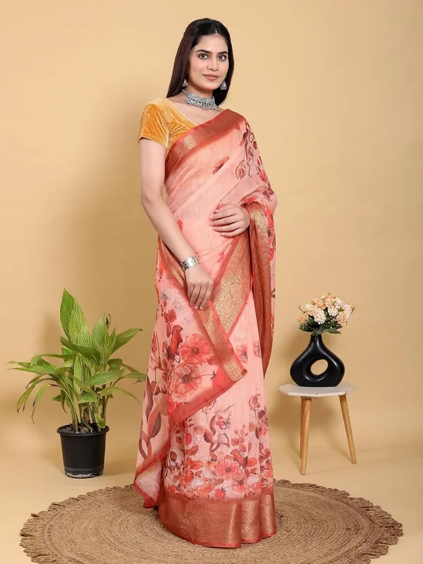 Women's_Linen_Cotton_Jacquard_Patta_Saree_with_Elegant_Weaving_Design_|_For_Traditional,_Festive_&_Wedding_|_Soft,_Breathable_&_Stylish_|_5.5m_Saree_+_0.8m_Blouse_Piece_(Peach_&_Gold)