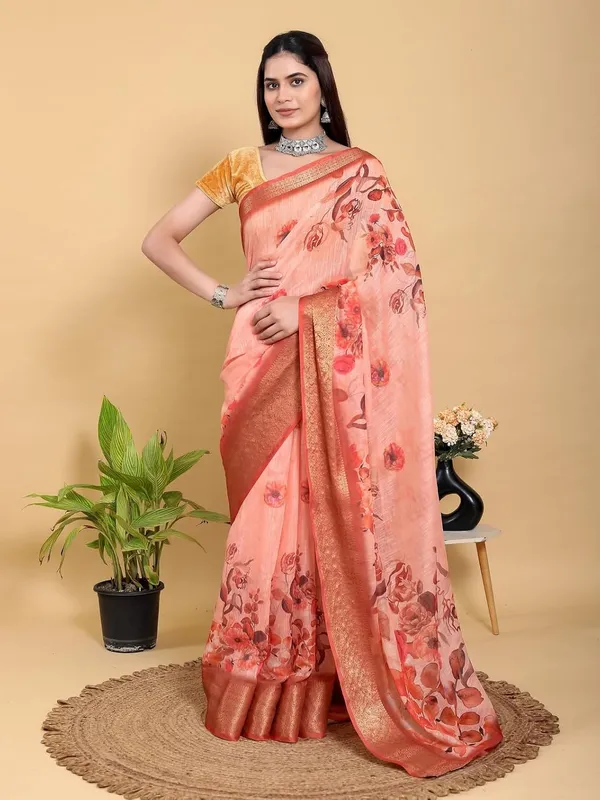 Women's_Linen_Cotton_Jacquard_Patta_Saree_with_Elegant_Weaving_Design_|_For_Traditional,_Festive_&_Wedding_|_Soft,_Breathable_&_Stylish_|_5.5m_Saree_+_0.8m_Blouse_Piece_(Peach_&_Gold)