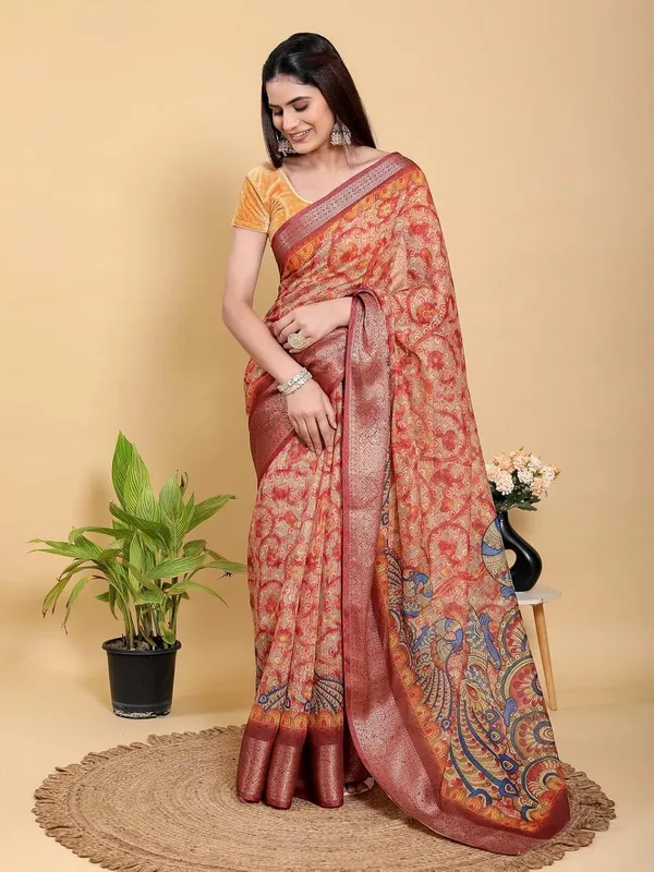 Women's_Linen_Cotton_Jacquard_Patta_Saree_with_Elegant_Weaving_Design_|_For_Traditional,_Festive_&_Wedding_|_Soft,_Breathable_&_Stylish_|_5.5m_Saree_+_0.8m_Blouse_Piece_(Red_&_Orange)