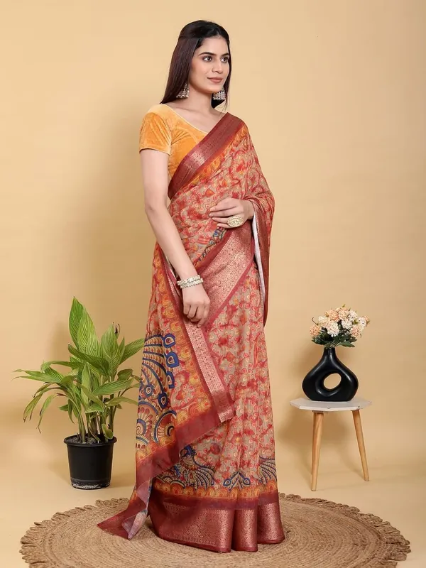 Women's_Linen_Cotton_Jacquard_Patta_Saree_with_Elegant_Weaving_Design_|_For_Traditional,_Festive_&_Wedding_|_Soft,_Breathable_&_Stylish_|_5.5m_Saree_+_0.8m_Blouse_Piece_(Red_&_Orange)