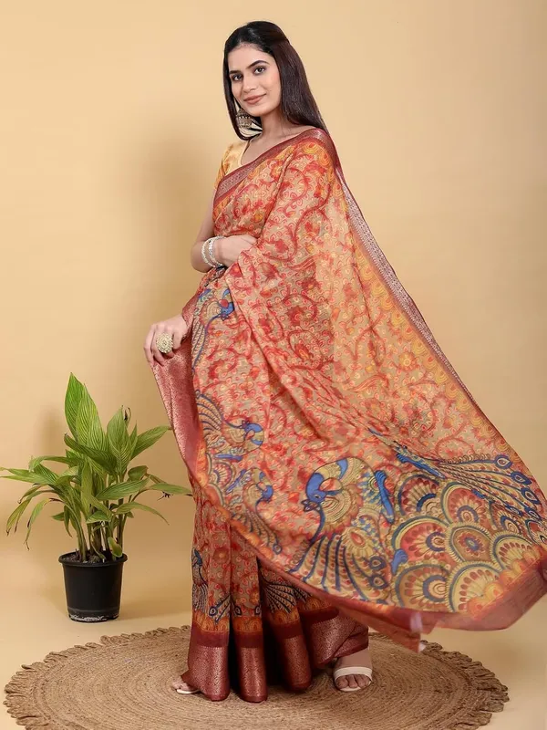 Women's_Linen_Cotton_Jacquard_Patta_Saree_with_Elegant_Weaving_Design_|_For_Traditional,_Festive_&_Wedding_|_Soft,_Breathable_&_Stylish_|_5.5m_Saree_+_0.8m_Blouse_Piece_(Red_&_Orange)