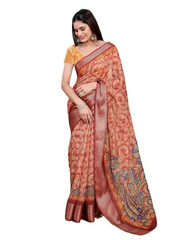 Women's_Linen_Cotton_Jacquard_Patta_Saree_with_Elegant_Weaving_Design_|_For_Traditional,_Festive_&_Wedding_|_Soft,_Breathable_&_Stylish_|_5.5m_Saree_+_0.8m_Blouse_Piece_(Red_&_Orange)