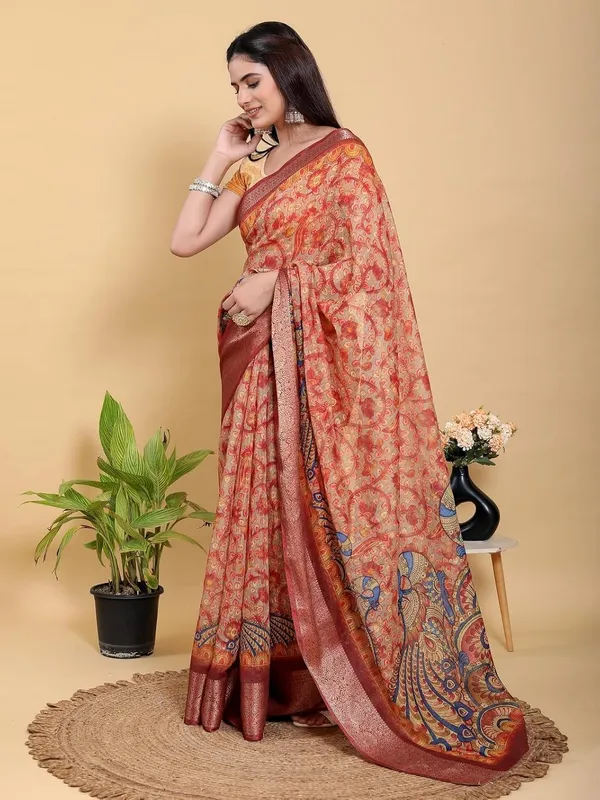 Women's_Linen_Cotton_Jacquard_Patta_Saree_with_Elegant_Weaving_Design_|_For_Traditional,_Festive_&_Wedding_|_Soft,_Breathable_&_Stylish_|_5.5m_Saree_+_0.8m_Blouse_Piece_(Red_&_Orange)