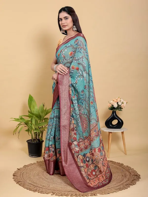 Women's_Linen_Cotton_Jacquard_Patta_Saree_with_Elegant_Weaving_Design_|_For_Traditional,_Festive_&_Wedding_|_Soft,_Breathable_&_Stylish_|_5.5m_Saree_+_0.8m_Blouse_Piece_(Aqua_Teal_&_Maroon)