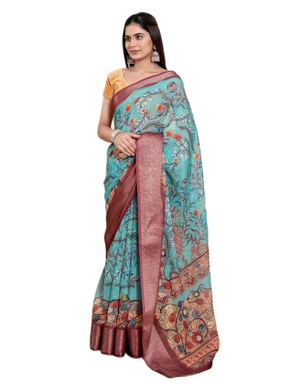 Women's_Linen_Cotton_Jacquard_Patta_Saree_with_Elegant_Weaving_Design_|_For_Traditional,_Festive_&_Wedding_|_Soft,_Breathable_&_Stylish_|_5.5m_Saree_+_0.8m_Blouse_Piece_(Aqua_Teal_&_Maroon)
