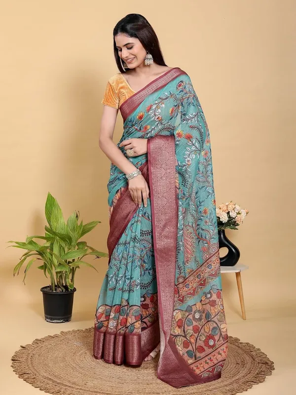 Women's_Linen_Cotton_Jacquard_Patta_Saree_with_Elegant_Weaving_Design_|_For_Traditional,_Festive_&_Wedding_|_Soft,_Breathable_&_Stylish_|_5.5m_Saree_+_0.8m_Blouse_Piece_(Aqua_Teal_&_Maroon)